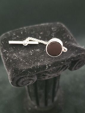 Vintage Silver Tone Round Black Onyx Tie Tack with Chain & Bar Clasp